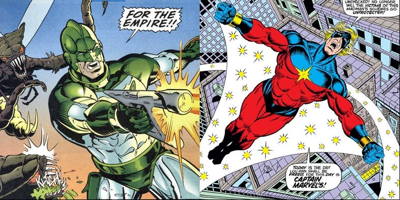 traje de Captain Marvel es color verde por Mar-Vell Kree