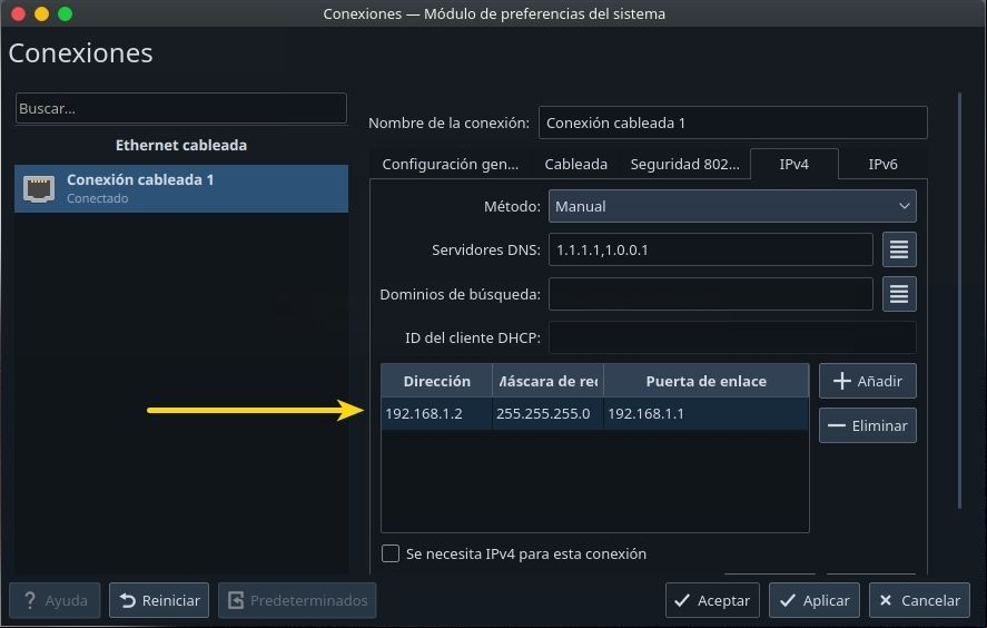configurar IP estático en kde plasma